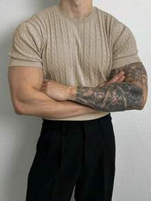 Men's Plain Minimalist Everyday Short Sleeve Knit Sweater - Khaki - View 4