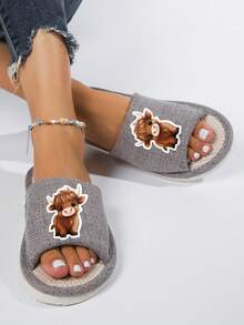 女士室内卡通奶牛露趾拖鞋 - 灰色 - 查看 2