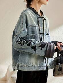 Chinese Style Jacket Women's Non-Stretch Denim Jacket - Vintage Chinese Knot Accent, Lightweight Spring/Fall Coat Non-Transparent Casual Outerwear, Transitional Weather Wear, Intricate Embroidery, Chinese New Year Clothes - Màu xanh hải quân - Xem 4