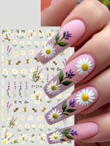 2 Pcs 3D Bees Daisy Florals Nail Art Stickers Elegant Elegant Daisy Flowers Lavender Insects Self-Adhesive Charms For Nails Spring Summer DIY Nail Art Design Manicure Decoration - Multicolor - View 5