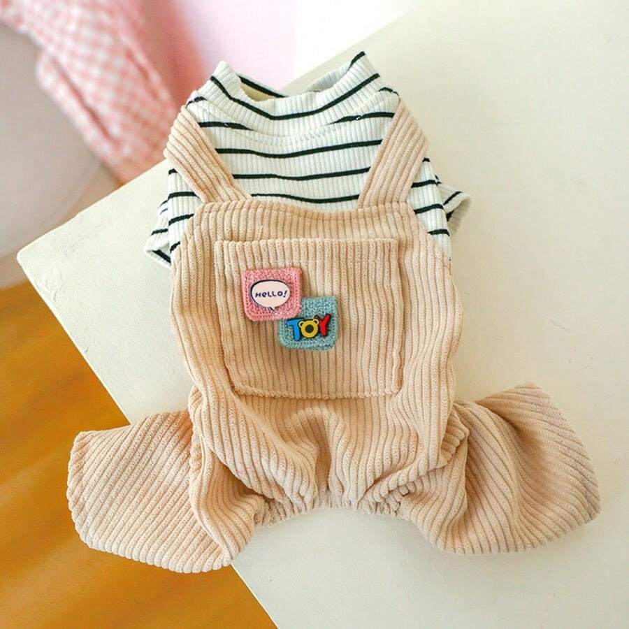 1pc Pet Clothes Black & White Striped Pocket Overalls - Multicolor - View 1