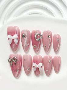 10件套手工3D蝴蝶结、闪亮水钻星星、镂空爱心水钻美甲装饰、亮片美甲贴纸，可爱美甲装饰，包含指甲锉和果冻贴纸（适合方形、短矩形、杏仁形指甲） - 彩色 - 查看 12