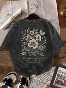 Camiseta de mujer talla grande con estampado de flores vintage, mariposas y letras desgastadas, de cuello redondo y manga corta, cómoda y casual, ideal para primavera/verano, adecuada para uso diario casual y playa, actividades al aire libre, color negro - Negro - Ver 2