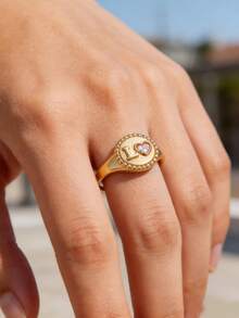 1 Pc Luxury Cubic Zirconia Heart Ring For Women Gold Color Round Ring Birthday Party Jewelry Mother's Day Gift - Gold - View 4