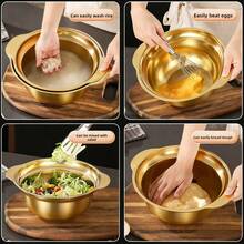 2pcs Stainless Steel Kitchen Set - Includes Thick Multi-Function Colander And Steamer Basket, Suitable For Rinsing Rice, Fruits, Pasta, Soup Pot And Whisk | Dishwasher , Anti-Rust, Space-Saving Design - Golden Drain Net - View 4