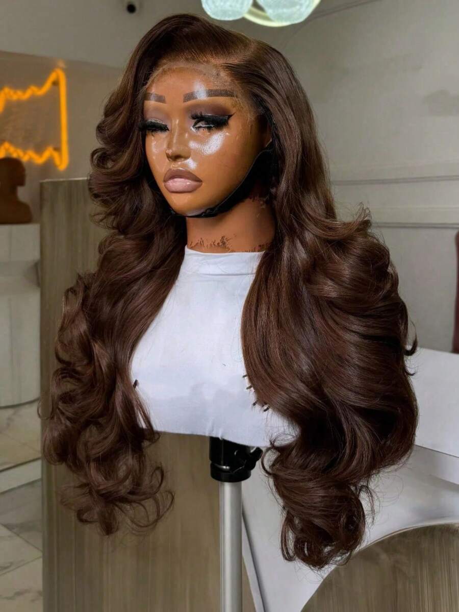 30 Inch Glueless Wigs Human Blended Hair Body Wave Chocolate Brown 13x4 HD Transparent Lace Frontal Wigs 200% Density Brazilian Virgin Hair Wig Pre Plucked Natural Hairline & Pre-Bleached Invisible Knots With Baby Hair Suitable For Women To Wear On Daily Or Holiday Occasions Synthetic Wig Cosplay Wigs Suitable For Halloween Or Parties - 棕色 - 查看 1