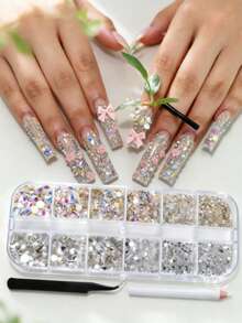 12 Grids Box Nail Rhinestones DY Gems With Tweezer And Nail Art Pen Nail Art Tool Set - Baby Pink - View 5