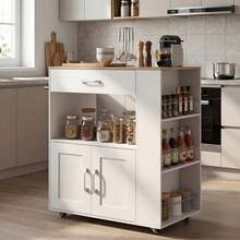 COSTWAY Kitchen Island Cart With Storage, Rolling Kitchen Island On Wheels With Large Drawer, 2-Door Cabinet, Towel Rack & 3-Tier Spice Racks, White - White - View 1