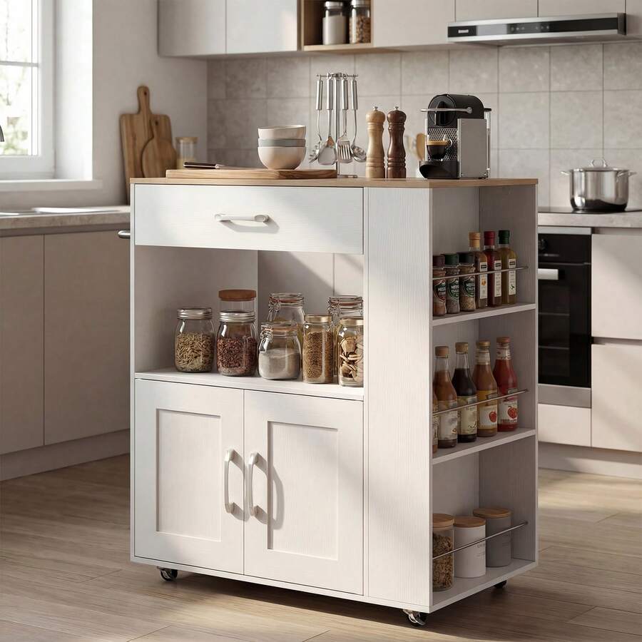 COSTWAY Kitchen Island Cart With Storage, Rolling Kitchen Island On Wheels With Large Drawer, 2-Door Cabinet, Towel Rack & 3-Tier Spice Racks, White - White - View 1