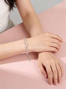 Double-Layered 925 Sterling Silver Pendant Bracelet, Minimalist Korean-Style Design With Multiple Stackable Layers, Fashionable Jewelry For Everyday Wear (Local Shipping, Fast Delivery) - Style 1 - View 2