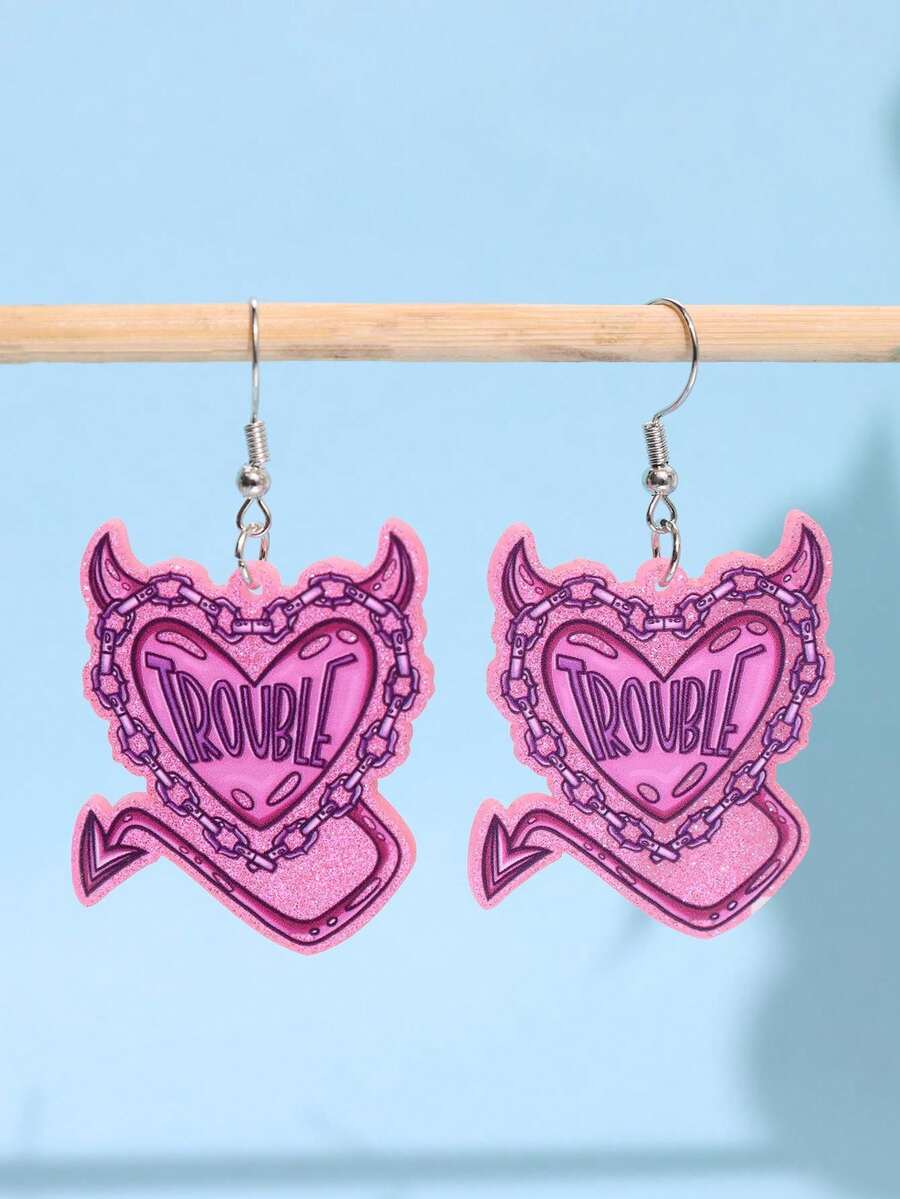 一对时尚创意趣味独特精致可爱卡通爱心锁链恶魔标语亚克力吊坠耳环，适合女性日常穿搭、节日和派对场合。 - 彩色 - 查看 1