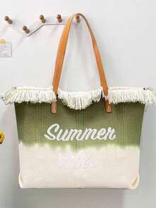 Bolsa Tote com Decoração de Borla Bordada, Bolsa Tote Feminina da Moda com Borla Bordada e Letra, Bolsa Tote de Ombro Grande Bicolor com Decoração de Borla Bordada, Perfeita para Trabalho, Volta às Aulas, Ensino Fundamental, Ensino Médio, Faculdade, Férias, Guia de Presentes do Dia dos Namorados, Presente Acessível do Dia dos Namorados, Páscoa, Dia das Mães - Multicolorido - Visão 6