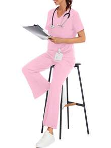 1 Set Solid V-Neck Short Sleeve Top And Split Pants, Pocket Workwear Scrub Suit For Veterinary Hospital, Clinic, Private Care Pink Fall - Pink - View 7