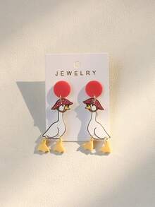 一对Y2K风格可爱亚克力鸭子戴红色蘑菇帽吊坠耳环，音乐节派对礼物 - 白色 - 查看 6