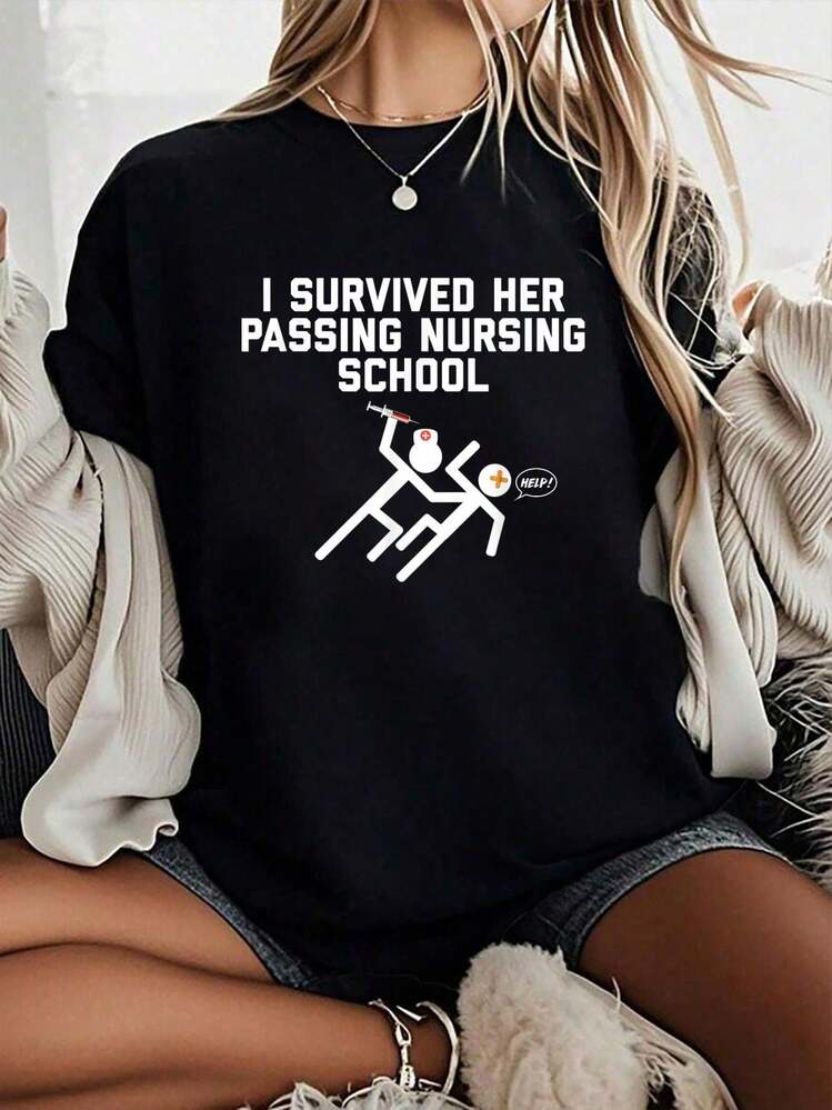 Camiseta Unisex 100% Algodón con Estampado Divertido 'Sobreviví a Su Aprobación en la Escuela de Enfermería' para Hombres y Mujeres, Camiseta Gráfica Casual de Cuello Redondo y Manga Corta - Negro - Añade 1