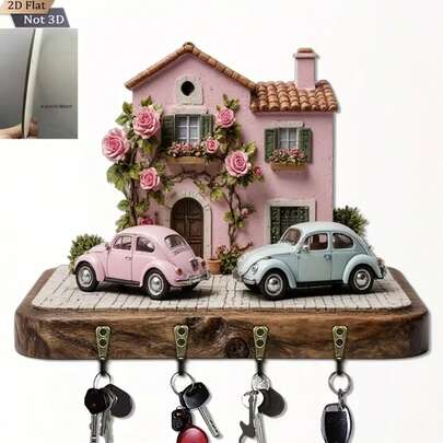 2D Flat Mini Pink House With Car - Romantic Scene, Multifunctional Wooden Key Holder With 4 Hooks, Suitable For Wall, Porch, Room, Villa Decor, Year-Round Home Decor, 2D Flat