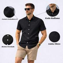 Italian Collar Shirt Short Sleeve Slim Fit Casual - 黑色 - 查看 5