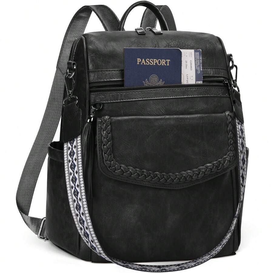 男士时尚双肩包手提包 PU 皮革男士双肩包可转换双肩包男女通用休闲单肩包带流苏返校季 - 彩色 - 查看 1