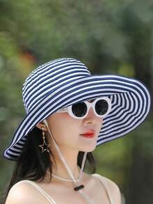 Mũ xô sọc gấp gọn mùa hè, mũ chống nắng vành rộng mới về dành cho nữ, mũ thời trang vành rộng bằng polyester in họa tiết, chống gió và tia UV, thích hợp cho mùa xuân/hè. - mũ - Xem 7