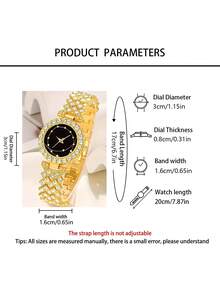 6pcs Elegant Luxury Women's Quartz Watches, Women's Luxury Classic Four-Leaf Clover Jewelry Watch Set, Including A Gold Fully Diamond-Studded Strap Black-Dial Quartz Watch, Four-Leaf Clover Bracelet, Chain Necklace, Ring, And Stud Earrings. - Gold - View 3