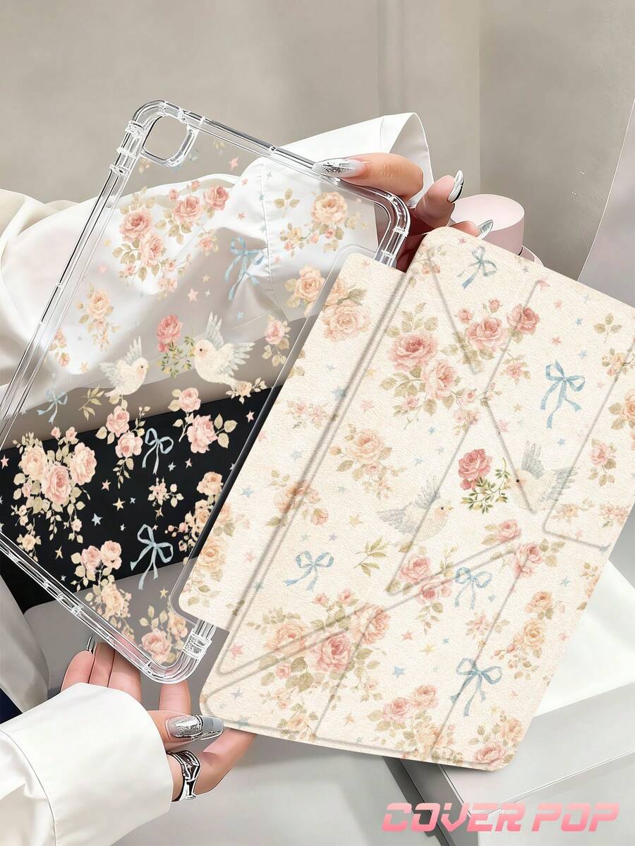 花鸟图案平板电脑保护套，兼容 iPad Air 11 英寸 M3 2025 / M2 2024、Air 第五代 2022、(A16) 11 英寸第十一代 2025，兼容三星 Galaxy Tab、Kindle Paperwhite 第十二代 2024，透明背壳，时尚图案保护套，支持自动睡眠/唤醒功能，气囊保护，适合送礼和办公使用。