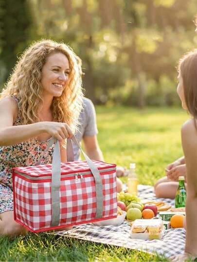 1pc New Outdoor Picnic Bag, Thick Aluminum Foil Insulated Bag, Foldable Picnic Basket, Picnic Storage Bag, Insulated Bag