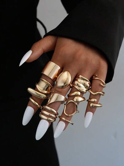 14 ชิ้น ชุดแหวนทองคำสำหรับผู้หญิง ลายเรขาคณิตไม่สมมาตร ผิวเรียบหรูหรา แฟชั่น สวมใส่ได้ทุกวัน สำหรับงานปาร์ตี้ วันหยุด เดท เดินทาง ของขวัญคริสต์มาส ฮาโลวีน วันวาเลนไทน์ สำหรับครอบครัว เพื่อน พี่น้อง