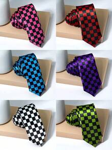 男士格纹领带一条，适合聚会和节日场合，窄款格纹领带，适合年轻职业人士/派对穿着，设计款 - 彩色 - 查看 3