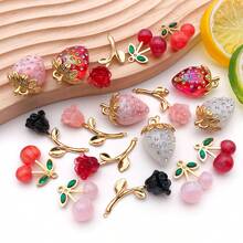 2个不锈钢玫瑰草莓樱桃吊坠，3D树脂水果花吊坠，适用于DIY工艺品钥匙扣、耳环、项链、手链等首饰制作 - 彩色 - 查看 5