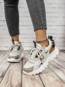 Simple And Comfortable Beige-Brown Color-Block Women's Outdoor Trail Running Shoes, Soft And Comfortable Soles, Thick Sole For Added Height, Suitable For Daily Wear, Commuting, Travel, And Plus-Size Couple Shoes - Beige - View 4