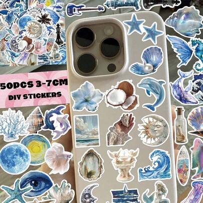 50张/包 银色海洋风格贴纸，PVC材质，每张3-7厘米，创意美学设计，每张贴纸独一无二，适用于剪贴簿、平板电脑、笔记本、手机壳、笔记本电脑、摩托车、滑板、相册、吉他、午餐盒、移动电源、耳机盒、冰箱贴、汽车贴纸等，适合青少年和成人DIY装饰