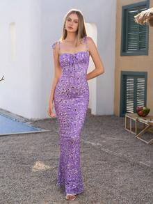 PARTHEA Vestido largo con estampado floral y cordones para vacaciones - Púrpura malva - Ver 3