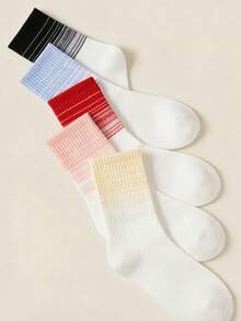 1/3/5 Pairs Random Color Women Gradient Striped Mid-Calf Socks, Ribbed Seamless Cuff Non-Slip Sports Socks - Multicolor - View 7