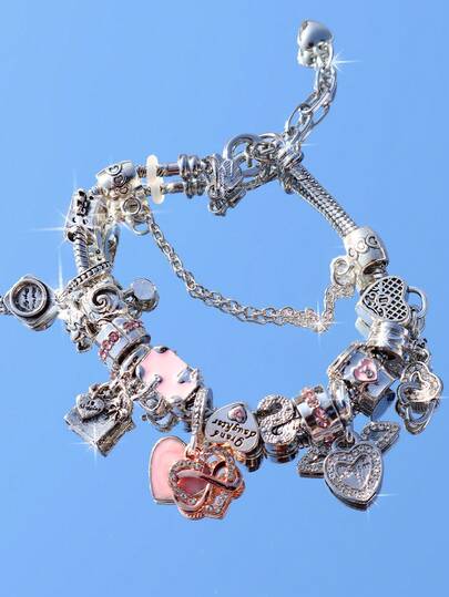 1pc Cute Crystal Heart Charm Bracelet, Cat Heart & Letter Pendant Beaded DIY Bracelet, High-Quality Flirtatious Style Bracelet As Gift For Friends