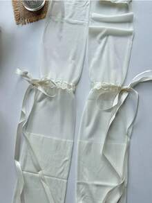 1双米色/黑色薄款透明甜美蝴蝶结拼接长筒袜，适合春夏穿着 - 彩色 - 查看 7