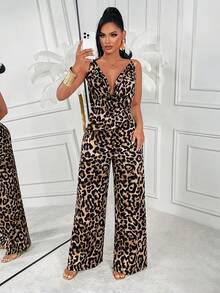 AIJ Bộ jumpsuit dáng chữ H họa tiết da báo của Amarilo dành cho nữ - Thiết kế dây mảnh hở lưng, eo ôm sát, trang phục thường ngày cho kỳ nghỉ, mùa xuân/hè. - màu nâu - Xem 5