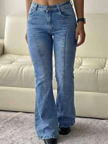 Women's Casual Long Denim Flare Leg Jeans With Pockets And Button Zipper Closure Slight Stretch Washed Design - 藍色 - 查看 6