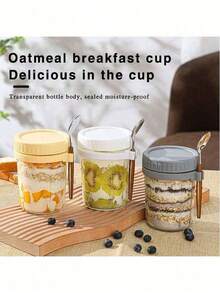 1个全新350毫升隔夜燕麦杯，带勺子，玻璃密封盖，时尚高性价比谷物杯，适合家庭/办公室早餐、酸奶、学习用品，返校季必备 - 彩色 - 查看 1
