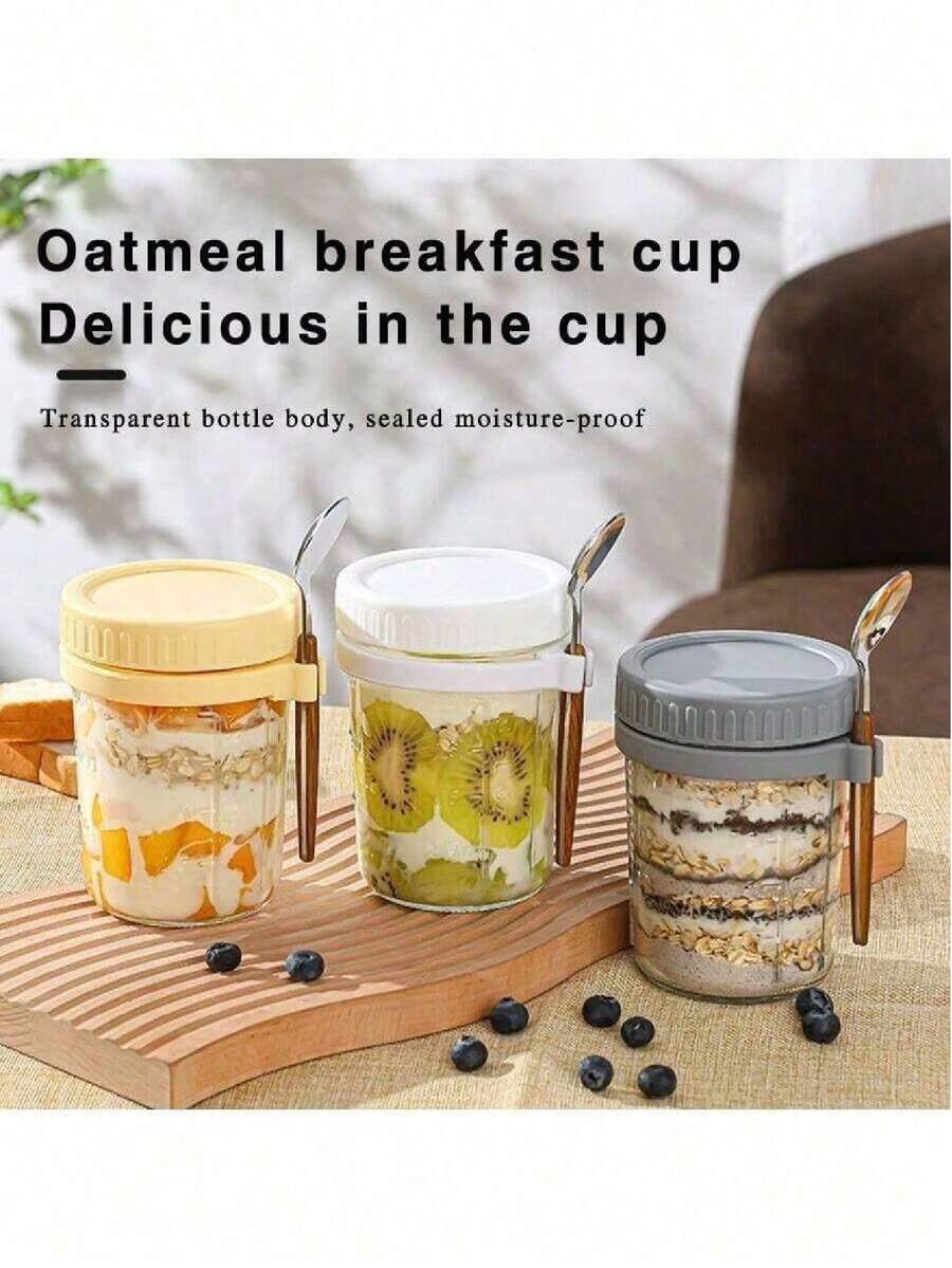 1个全新350毫升隔夜燕麦杯，带勺子，玻璃密封盖，时尚高性价比谷物杯，适合家庭/办公室早餐、酸奶、学习用品，返校季必备 - 彩色 - 查看 1