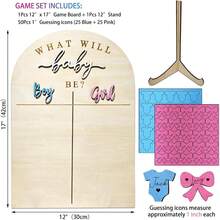 Wooden Baby Gender Reveal Voting Board With Stand, Decorative Gender Guessing Game, Gender Reveal Party Creative, Gender Reveal Party Game, Baby Gender Reveal Voting Board Sign, 1pc 12"X17" Game Board + 1pc 12" Stand + 50pcs 1" Guessing Icons (25 Blue + 25 Pink) Boy Or Girl? - Clothes and Bows - View 2