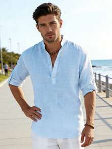 Men's Cotton Linen Long-Sleeved Shirt - Blue - View 5