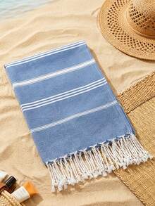 1 pieza Manta de playa bordada con nombre personalizado, decorada con flecos, tamaño 180*100cm. Hecha de tela a rayas con múltiples opciones de color. Adecuada para sofá, silla de sofá, ropa de cama, playa, piscina y decoración del hogar. Un excelente regalo de vacaciones para familiares y amigos. - Azul - Ver 9