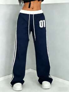 海军蓝撞色腰部阔腿裤，侧边条纹和数字印花设计，修身显瘦，休闲美式复古风！春季必备 - 寶藍色 - 查看 5