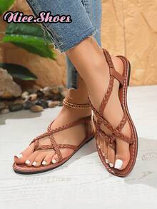 女士新款编织平底凉鞋，黑色/棕色/白色，人字拖鞋，纯色露趾防滑拖鞋，室内外穿着，时尚日常休闲平底沙滩鞋，波西米亚交叉带平底凉鞋，舒适轻便镂空露趾平底鞋，高帮罗马凉鞋，金色/黑色平底凉鞋，沙滩鞋 - 棕色 - 查看 5