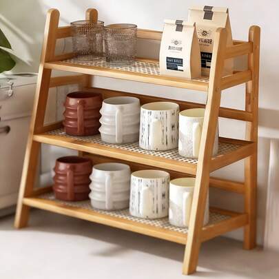 Estantería de almacenamiento de madera de 3 niveles, estilo minimalista, resistente y duradera, diseño estable trapezoidal, adecuada para aperitivos, cosméticos, tazas de café, organización de escritorio, accesorio esencial para el hogar