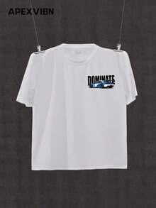 美国街头赛车图案印花T恤，印有“Dominate”字样，街头服饰上衣 - 白色 - 查看 4