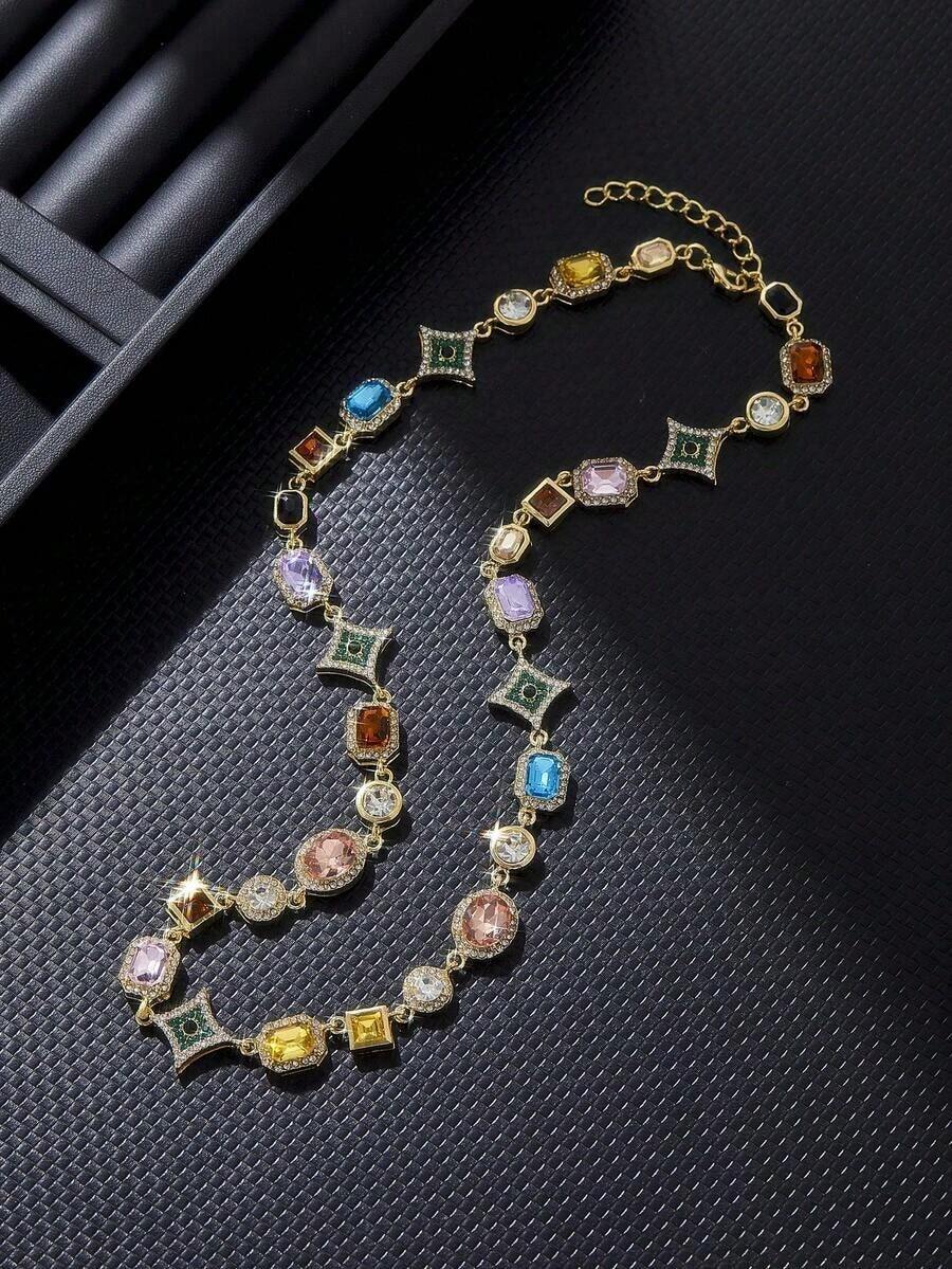 1PC Hip Hop Jewelry Fashion Colored Zirconia Iced Out Necklace For Women Crystal Gemstone Link Chain Pendant For Women Bridal Party Jewelry - 項鍊 - 查看 1