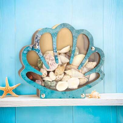 1 hộp trưng bày vỏ sò, hộp gỗ hình vỏ sò có cửa sổ trong suốt và khe cắm để trưng bày bộ sưu tập vỏ sò, trang trí nhà cửa.