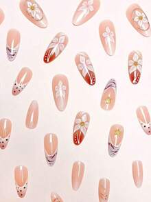24pcs/Set Elegant Gradient Pink & White Almond-Shaped Nail Stickers With 3D Floral & Pearl Decor, Includes Gel Polish And Nail File, Suitable For Girls/Women For Daily, Party, Autumn Nails Nail Supplies - 多色 3 - 查看 3