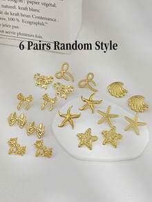 3/6 Pairs Gold-Tone Women's Earrings (Random Style) - Includes: Starfish Earrings, Cute Bow Earrings, Asymmetrical Geometric Earrings, Minimalist Round Earrings, Large Rectangle Earrings, Oval Earrings - These Fashionable & Unique Ladies Earrings Are Made Of Stainless Steel - Gold - View 11